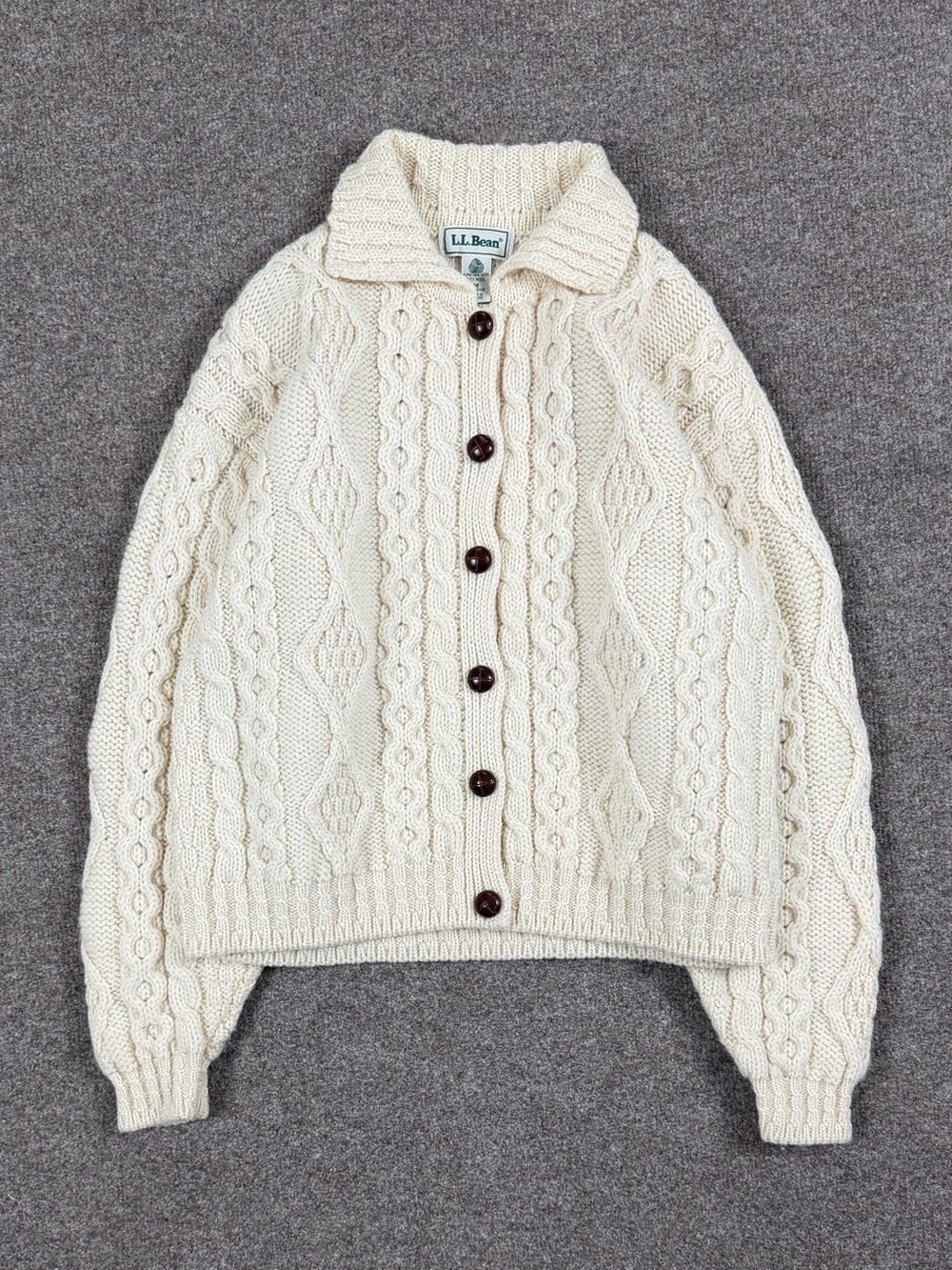 Vintage LL Bean Cream Cableknit Fisherman Wool Cardigan Sweater Women’s Medium